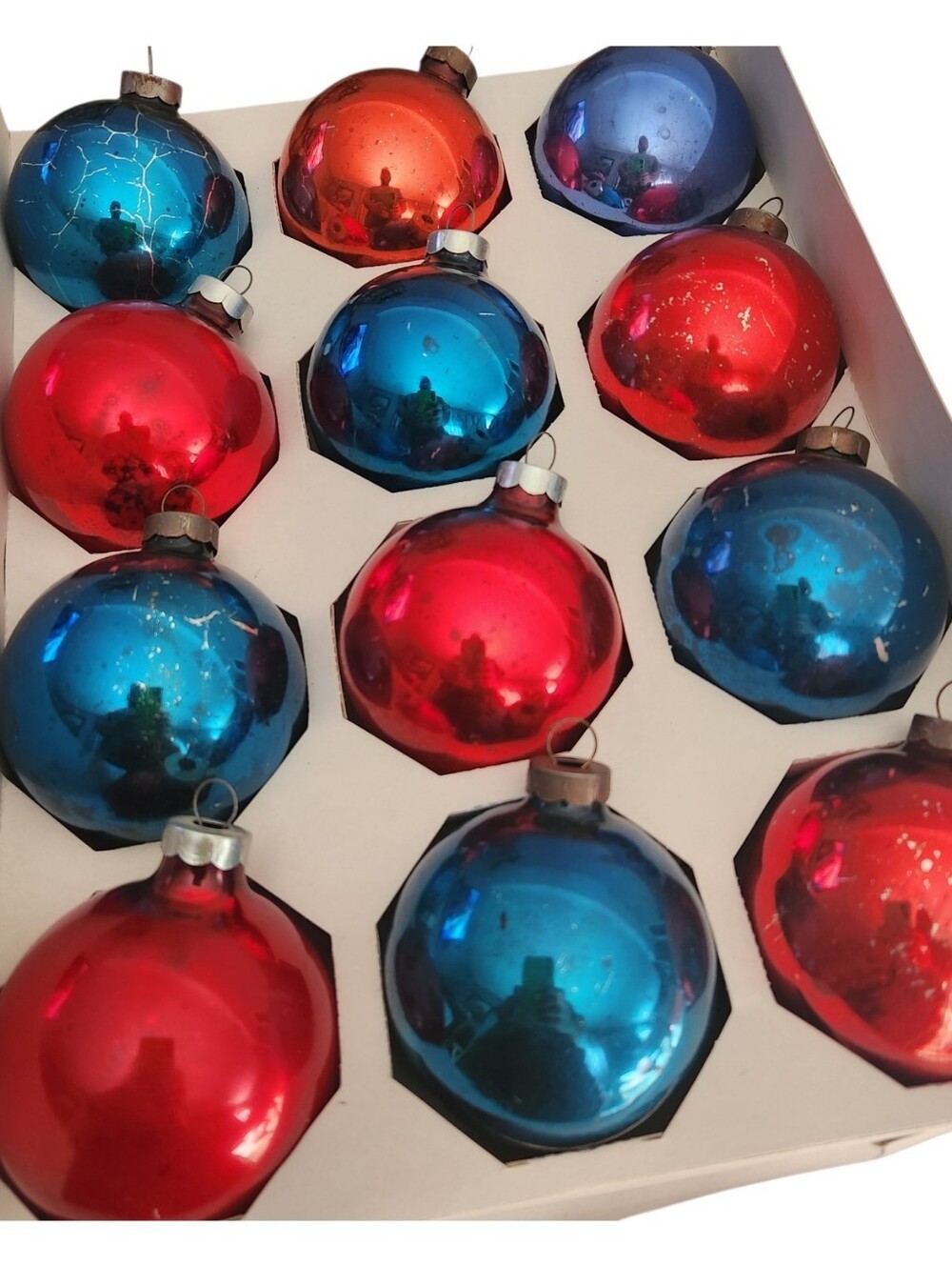 12 Vintage Pyramid Red & Blue Glass Christmas Ornaments